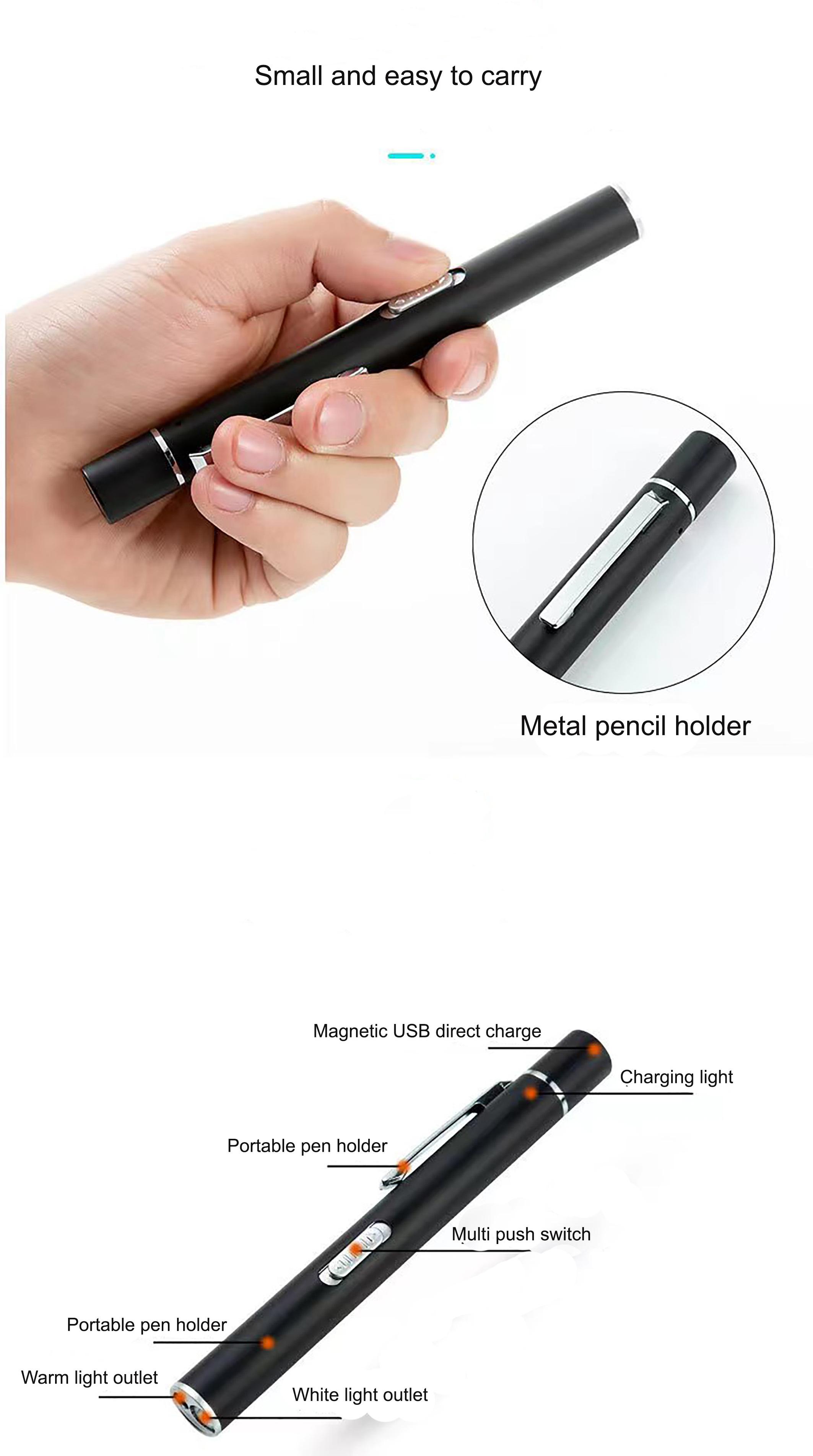 Metal Portable Usb Mini Rechargeable Flashlight Stainless Steel Glare Medical Flashlight Pen Light LED with Lithium Battery