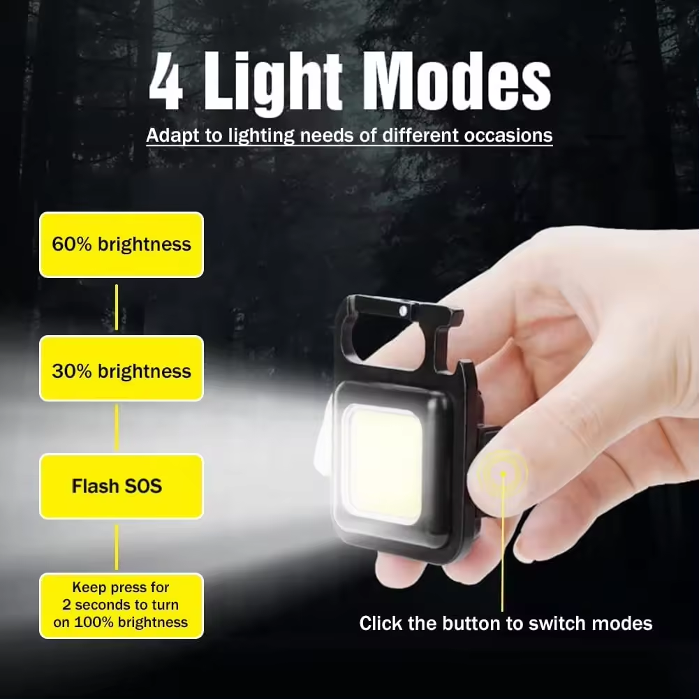 Rechargeable 4 Light Modes Portable Pocket Light Keychain Mini Flashlight With Bottle Opener, Magnet Base, Folding Bracket