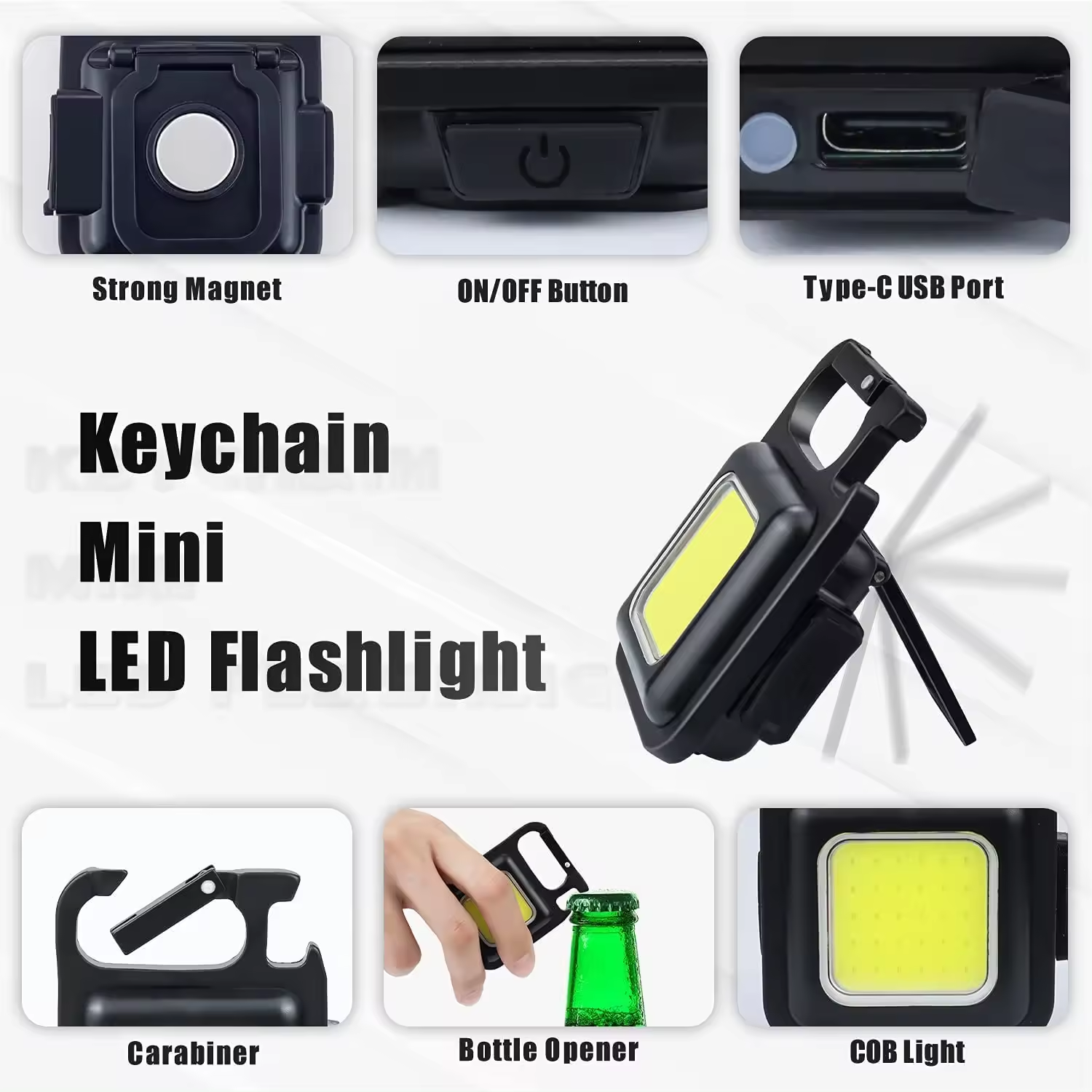 Rechargeable 4 Light Modes Portable Pocket Light Keychain Mini Flashlight With Bottle Opener, Magnet Base, Folding Bracket