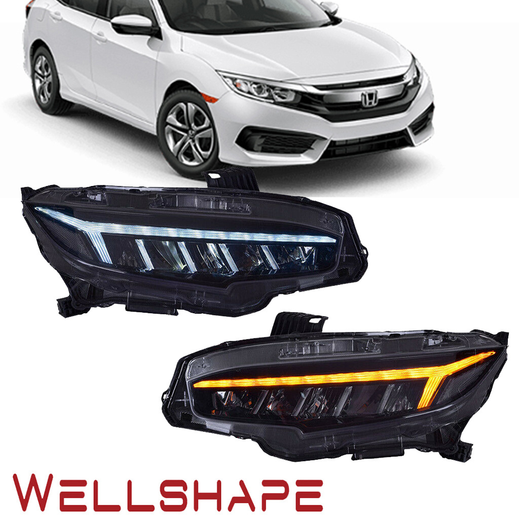 Fit For 2016-2018 Honda Civic LED DRL and Sequential Turn Signal Type-R Style Headlights Headlamps Set