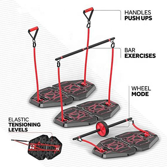 Wellshow Sport Portable Fitness Training Abdominal Push Up Board with Tricep Bar Resistance Bands Ab Wheel