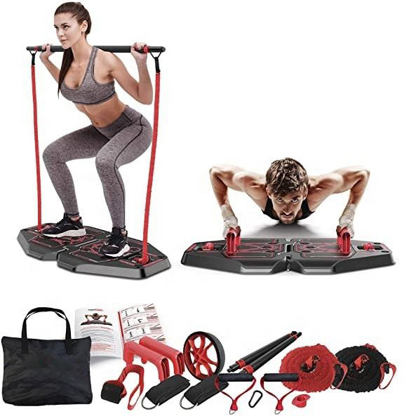 Wellshow Sport Portable Fitness Training Abdominal Push Up Board with Tricep Bar Resistance Bands Ab Wheel