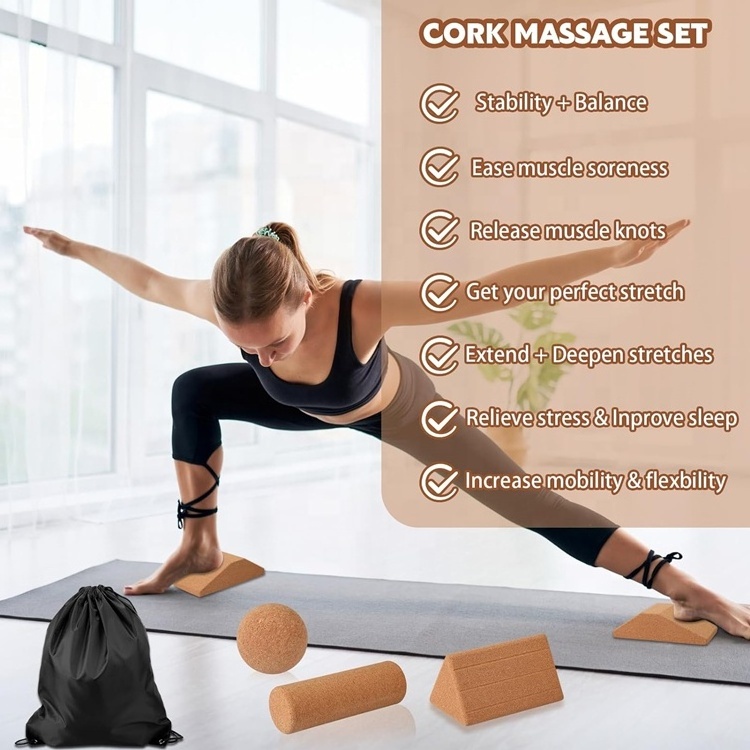 Wellshow Sport 5 Pcs Cork Yoga block Set Includes Cork Massage Roller Ball Squat Wedge Block Slant Board for Yoga Triangle Brick