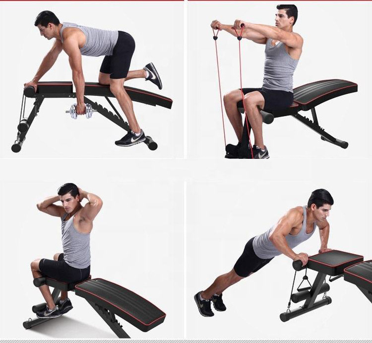 Wellshow Sport OEM Dumbbell Adjustable Folding Flat Sit Up Weight Bench Gym Bench With Pull Rope Ab Weight Lifting Bench