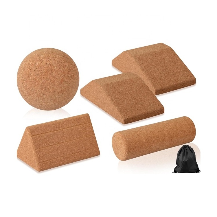 Wellshow Sport 5 Pcs Cork Yoga block Set Includes Cork Massage Roller Ball Squat Wedge Block Slant Board for Yoga Triangle Brick