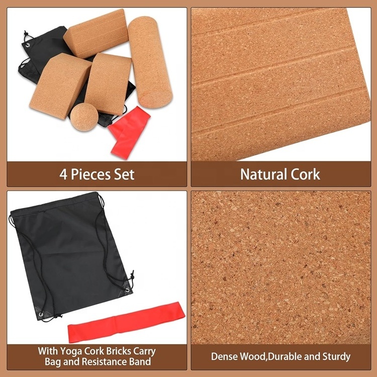 Wellshow Sport 5 Pcs Cork Yoga block Set Includes Cork Massage Roller Ball Squat Wedge Block Slant Board for Yoga Triangle Brick