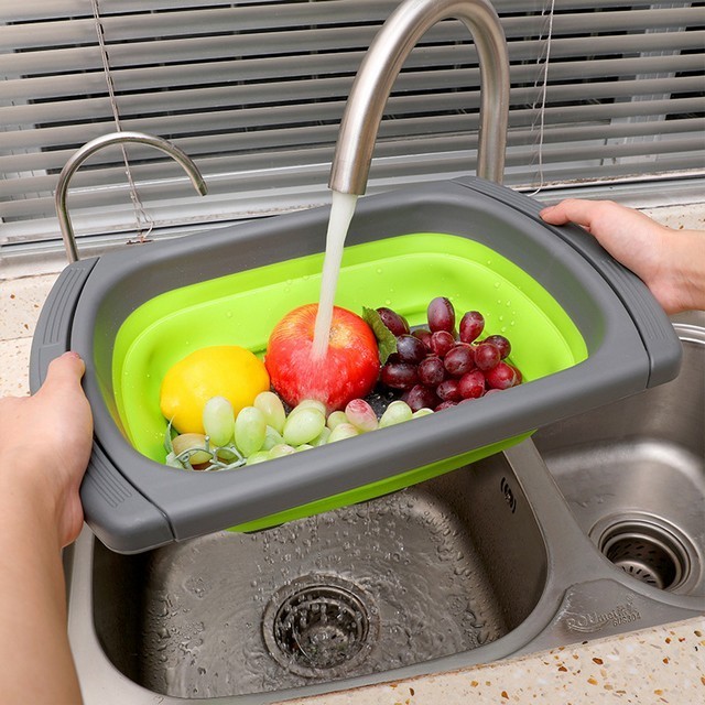 Over sink kitchen plastic foldable collapsible silicone Colander strainer with extendable handles