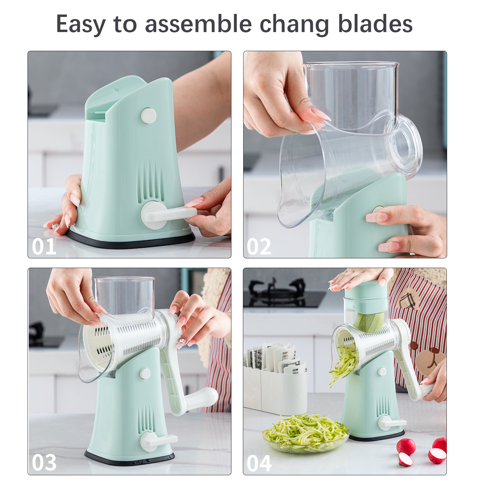 Kitchen Rotary Cheese Grater with Upgraded Suction - Round Cheese Shredder Grater with 5 Replaceable Stainless Steel Drum Blades