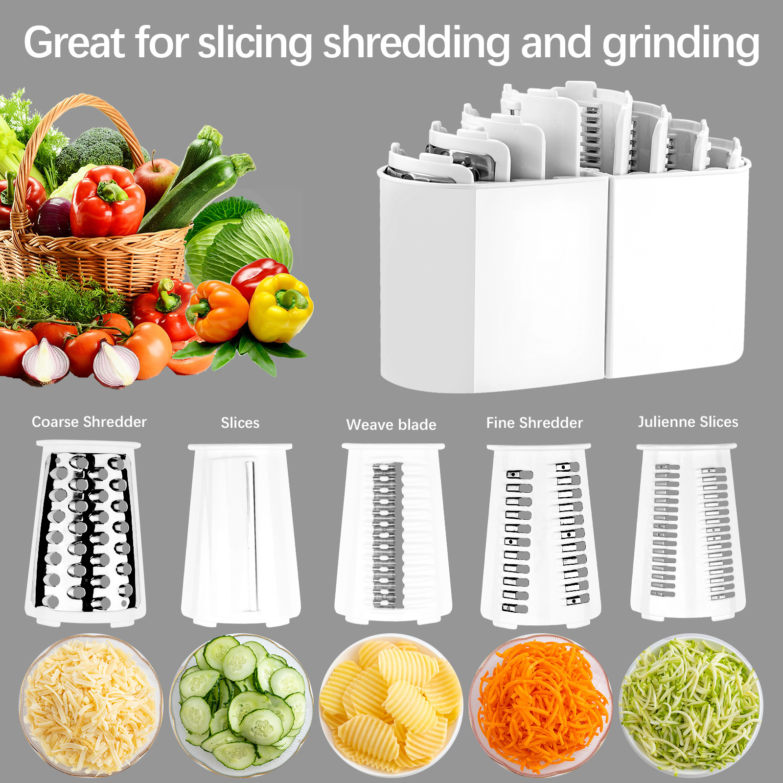 Kitchen Rotary Cheese Grater with Upgraded Suction - Round Cheese Shredder Grater with 5 Replaceable Stainless Steel Drum Blades