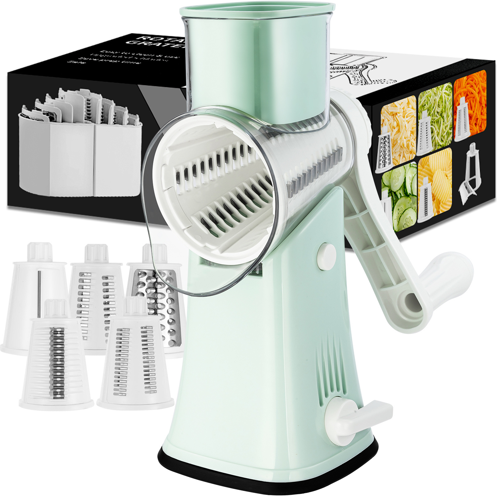 Kitchen Rotary Cheese Grater with Upgraded Suction - Round Cheese Shredder Grater with 5 Replaceable Stainless Steel Drum Blades