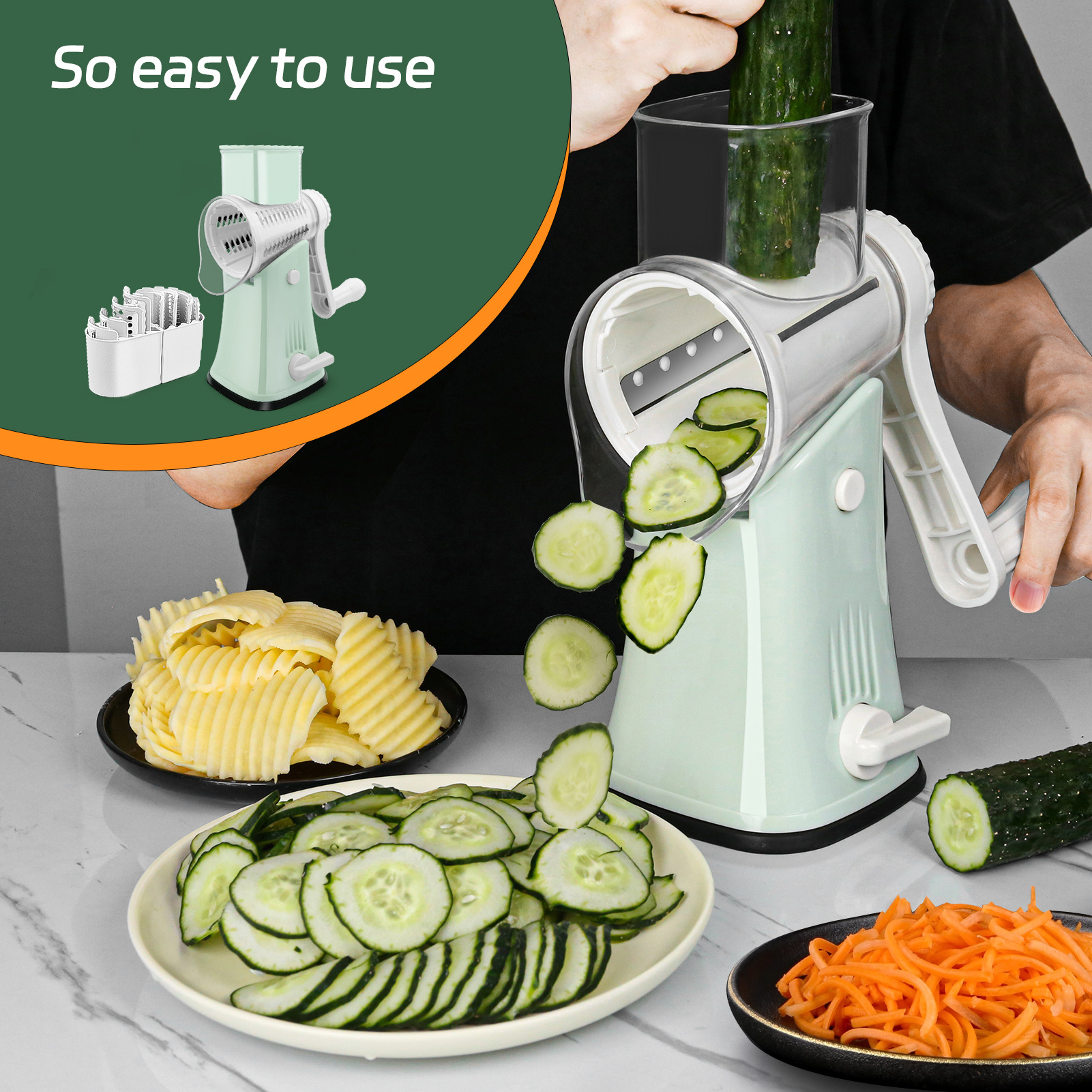 Kitchen Rotary Cheese Grater with Upgraded Suction - Round Cheese Shredder Grater with 5 Replaceable Stainless Steel Drum Blades