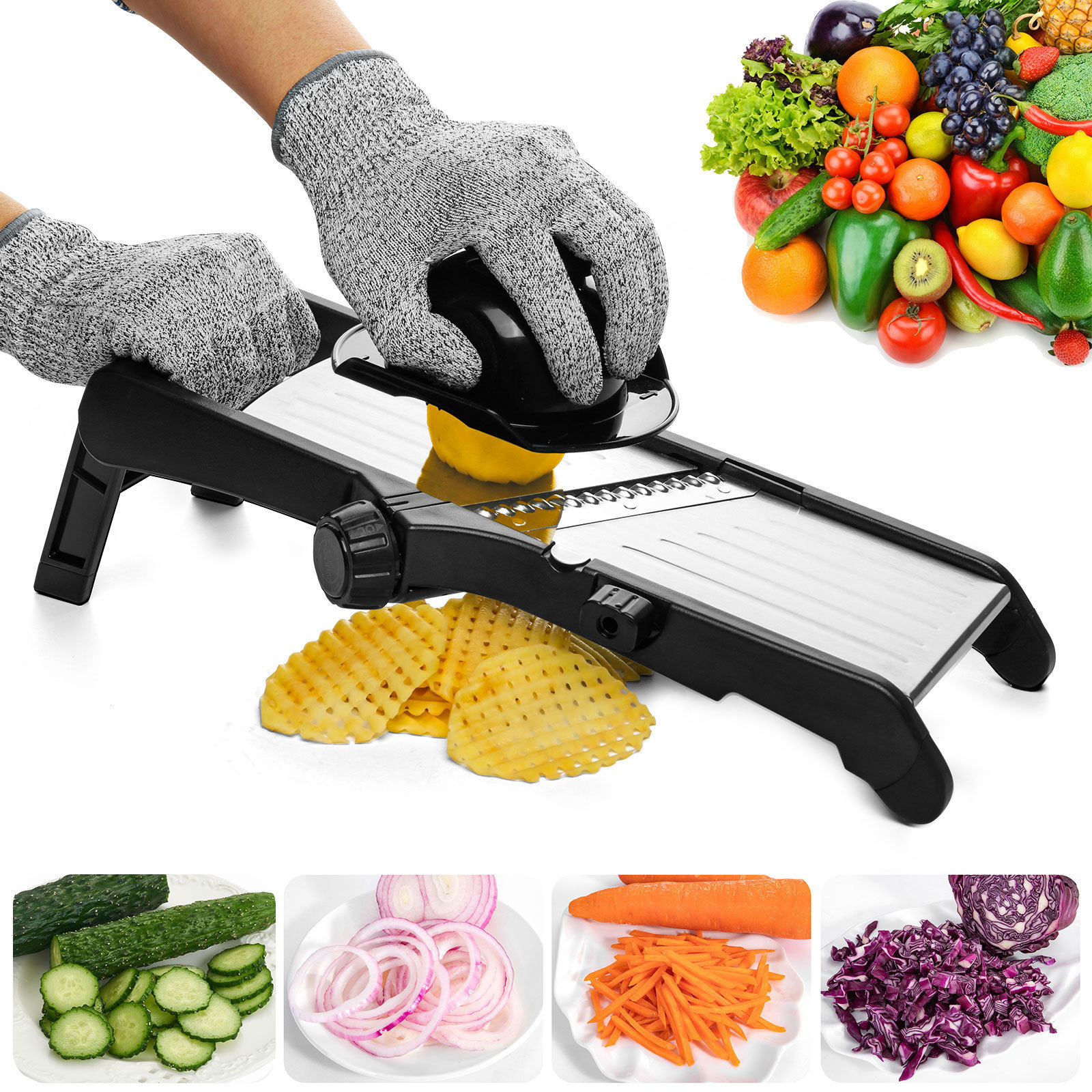 Mandoline Food Slicer, Adjustable Stainless Steel with Waffle Fry Cutter Crinkle Cut Potato Chip Vegetable Onion Slicer