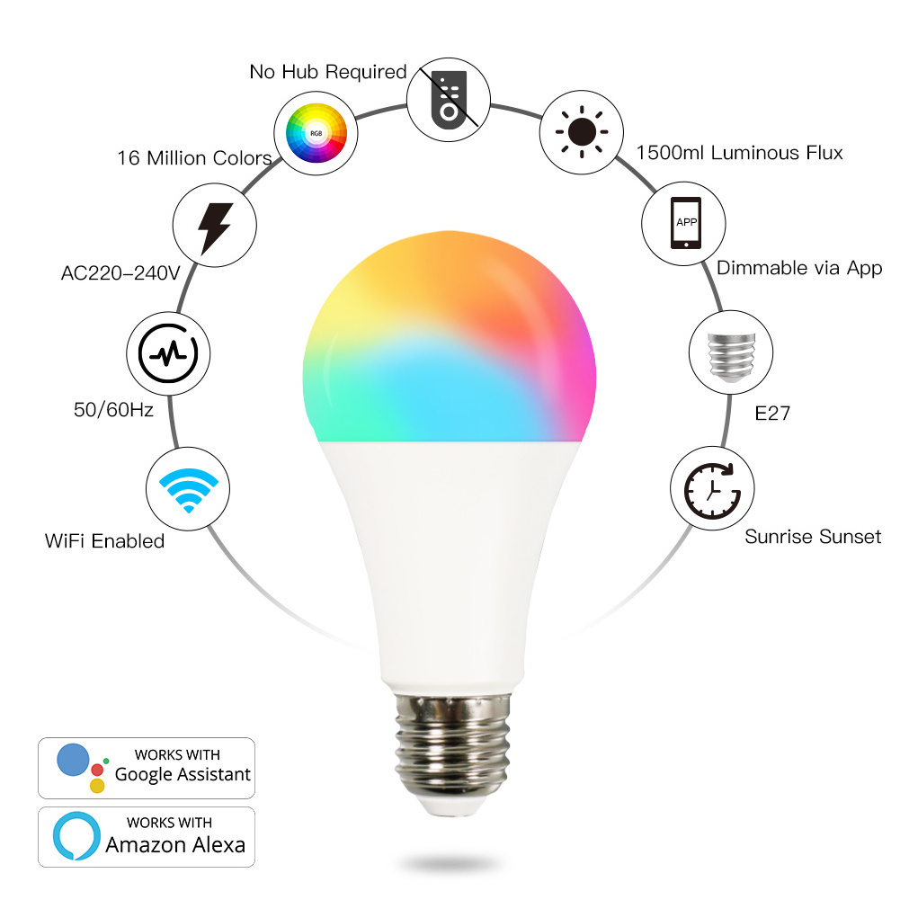 Amazon Alexa google Home A60 E27 9w Smart Wifi Led Lighting Led Bulbs A60 220-240v Smart Blub Ce AC App remote Control Tuya