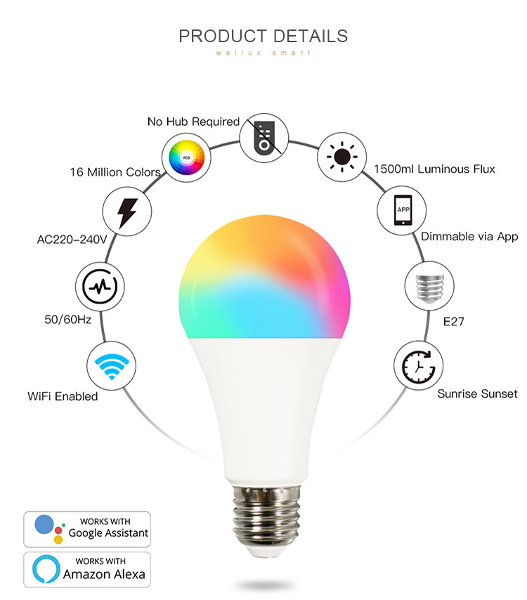 WELLUX Led Wi-Fi Tuya 9W E27 RGBCW tuya wifi smart light bulb Work With Alexa & Google Home