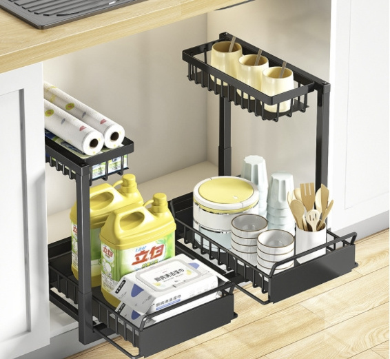 Organizador De Cocina Kitchen Organizer Sink Shelf 2-Tier Stackable Under Sink Cabinet Organizer With Sliding Storage Drawer