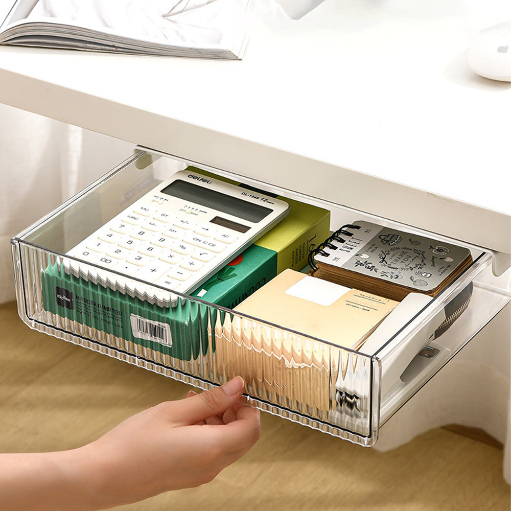 Home Office School Kitchen New Design Hidden Self Adhesive Pencil Tray Transparent Under Desk Drawer