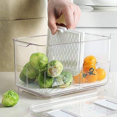 Double Layer Ref Organizer Transparent PET Freezer Container Stackable Fridge Organizer With Draining Rack