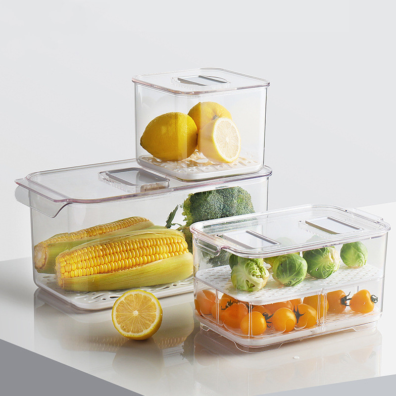 Double Layer Ref Organizer Transparent PET Freezer Container Stackable Fridge Organizer With Draining Rack