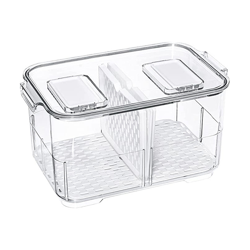 Double Layer Ref Organizer Transparent PET Freezer Container Stackable Fridge Organizer With Draining Rack