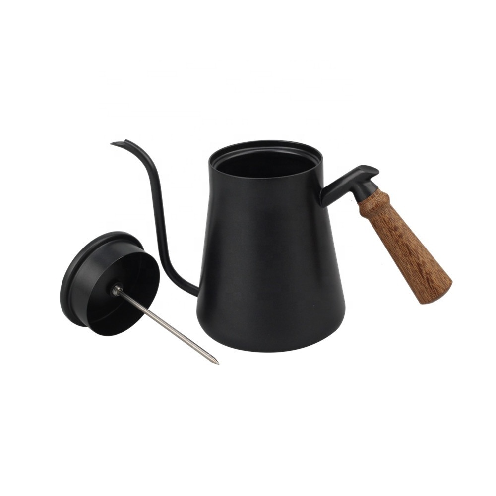 Goose neck Stainless Steel Lid with Thermometer 850ml Black Coffee Hand Drip Kettle with Wood Handle Coffee or Tea Kettle