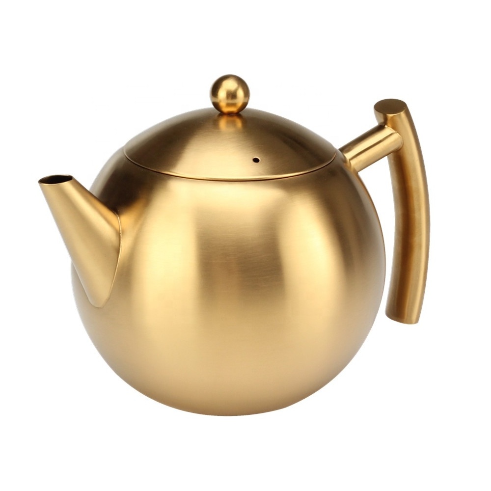 Stainless Steel Tea Pot , Infusion Tea Pot with Infuser Basket for Office or Restaurant Brewing Tea, Gold