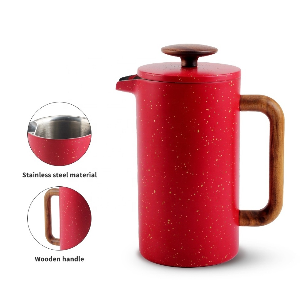 Large Coffee Press 34oz, Double Wall Insulated Red Stainless Steel French Press