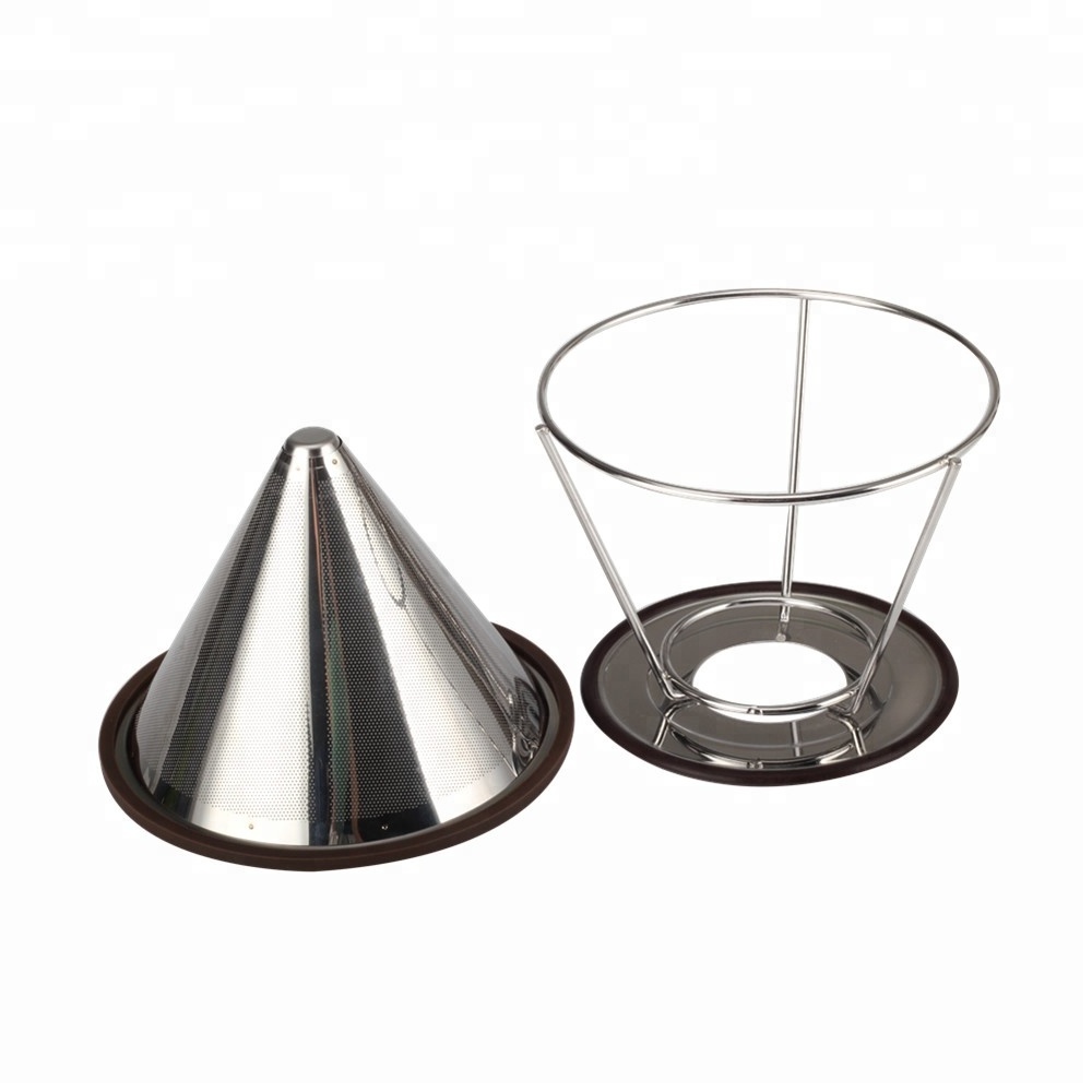 Stainless Steel Coffee Filter, Permanent Pour Over Coffee Filter Cone Coffee Dripper with Removable Cup Stand and Bonus Brush