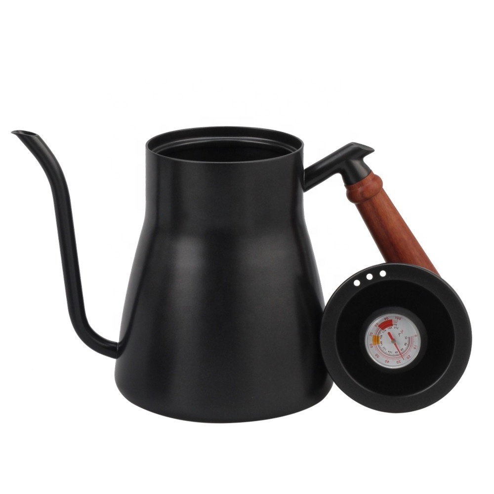 Goose neck Stainless Steel Lid with Thermometer 850ml Black Coffee Hand Drip Kettle with Wood Handle Coffee or Tea Kettle