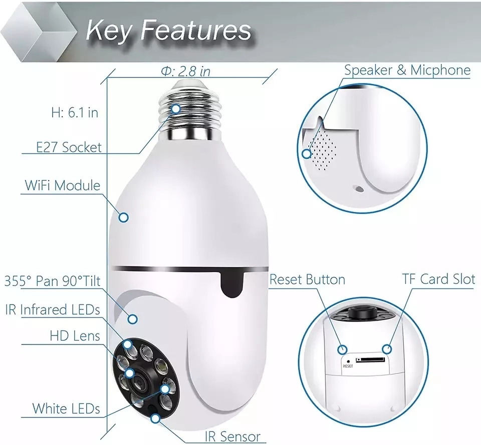 1080P wireless light bulb security camera 5G smart E27 wifi network 360 degree IR nanny ptz light bulb rotating IP camera