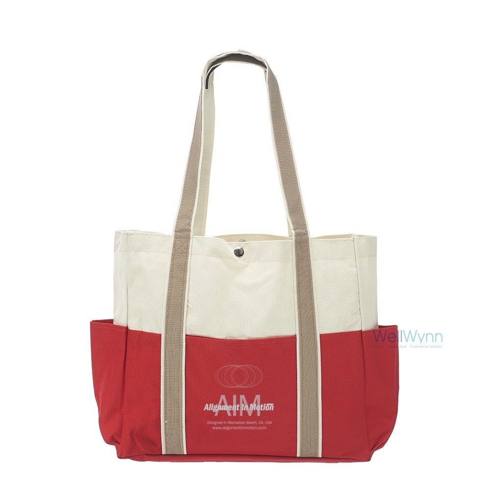 Custom Print Heavy 600D Polyester Canvas Utility Large Work Tote Bag With Multi Outside Pockets