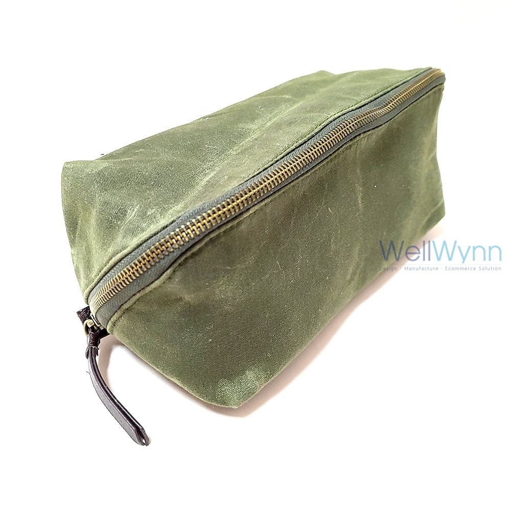 Custom Promotional Quadruple Rims Shape Waxed Canvas Large Capacity Travel Zip Shaving Dopp Kit Bag For Men