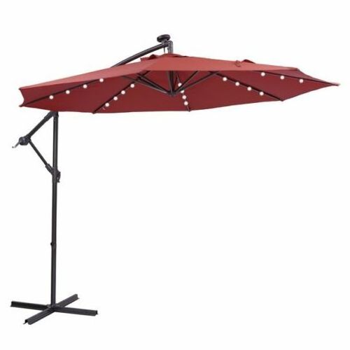 10 FT Solar LED Patio Outdoor Umbrella Hanging Cantilever Umbrella Offset Automatic Patio Solar Umbrella with handle LED light