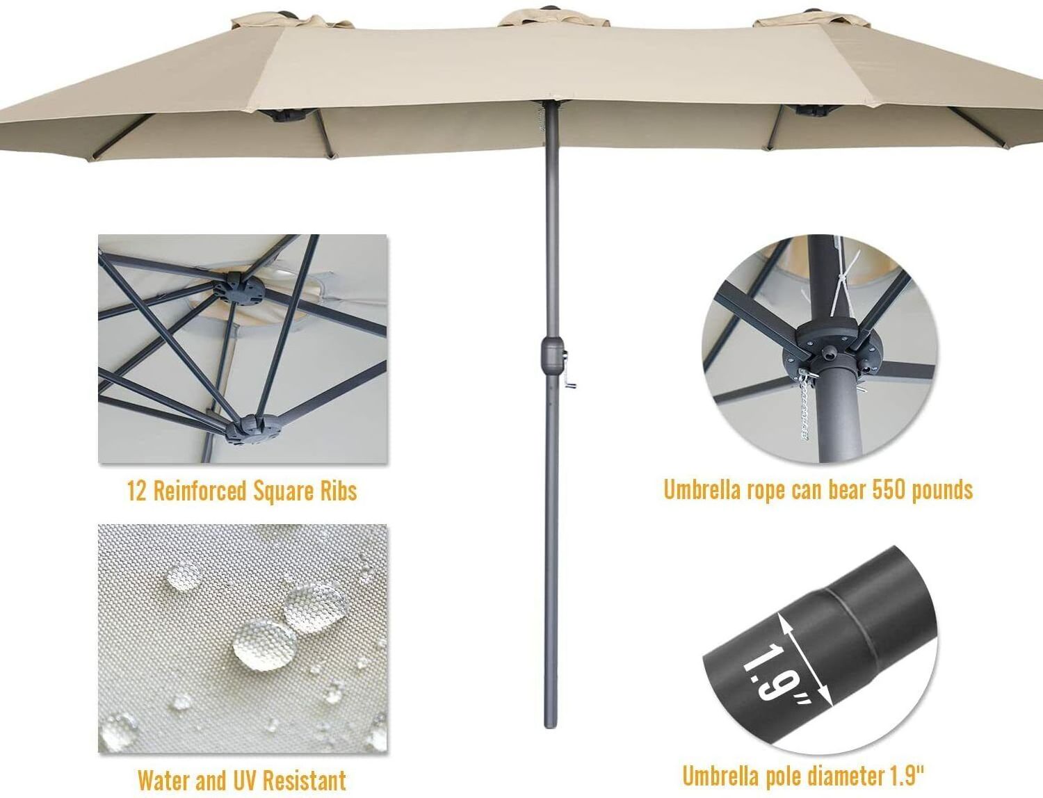 15 FT Large Sunshade Outdoor Double Sided Garden Umbrella Parasol Shade Patio Twin Umbrella  With Crank And Base