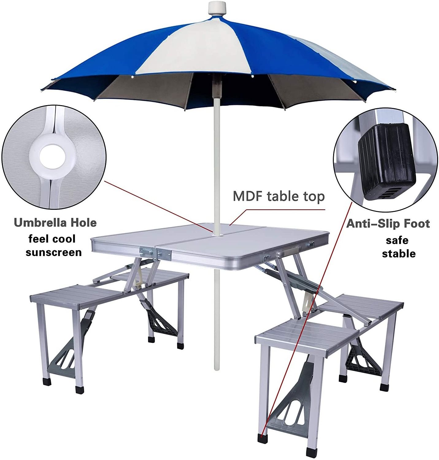 Lightweight Portable Smart case Aluminum Picnic Table  Camping Table with 4 Seats Chairs and Umbrella Hole