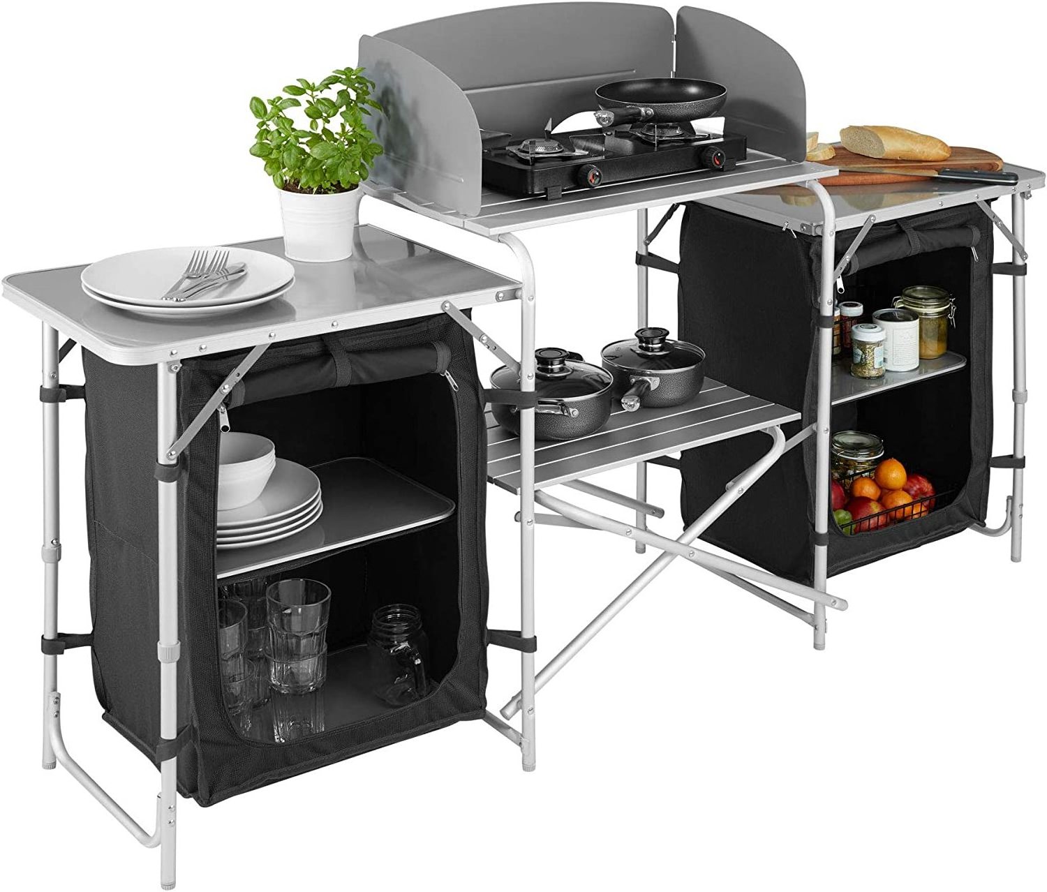 Folding Portable Aluminum Windscreen Cooking Table Camping Grill Table Camping Kitchen Table With Two Storage Organizer