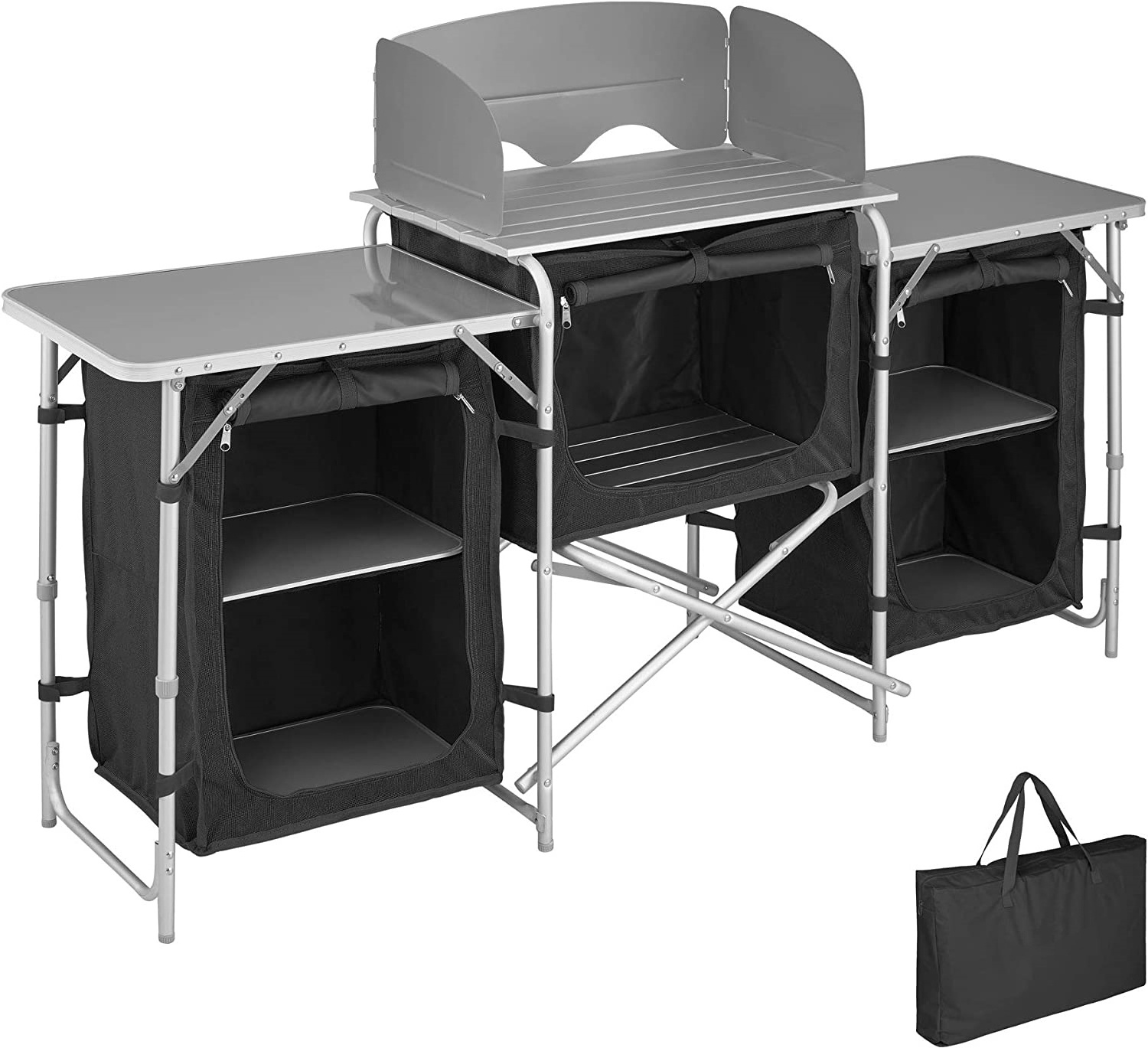 Folding Portable Aluminum Windscreen Cooking Table Camping Grill Table Camping Kitchen Table With Two Storage Organizer