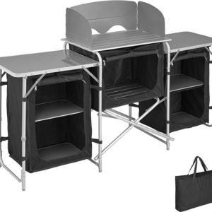 Folding Portable Aluminum Windscreen Cooking Table Camping Grill Table Camping Kitchen Table With Two Storage Organizer