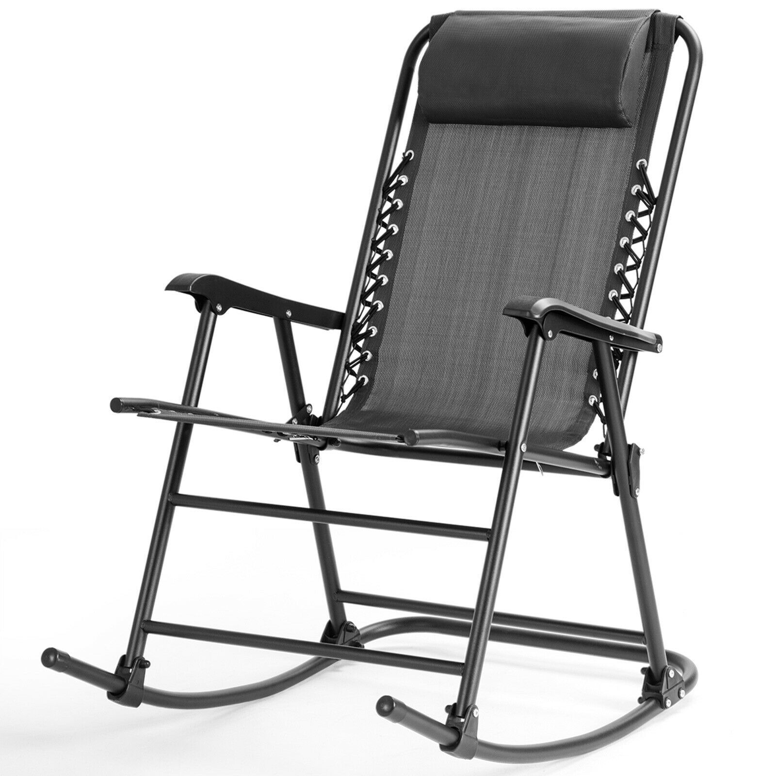 Grey Outdoor Patio Rocking Chair Porch Rocker Folding Zero Gravity Chaise Lounge Chair With Headrest