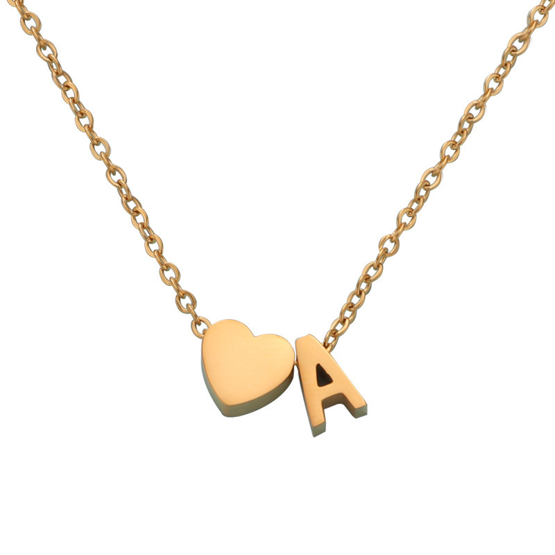 Classic Stainless Steel 18K Gold Heart 26 Initial Alphabet Letter Necklace For Women