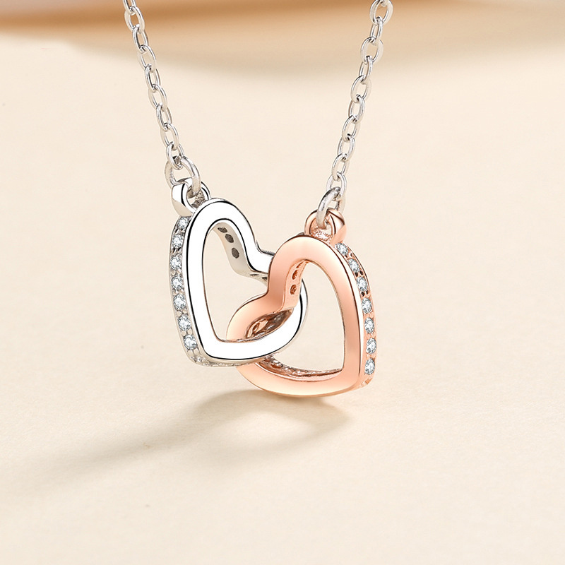 New Custom Women Sterling Silver 925 Women Two Heart Intersect Necklace For Jewelry Gift