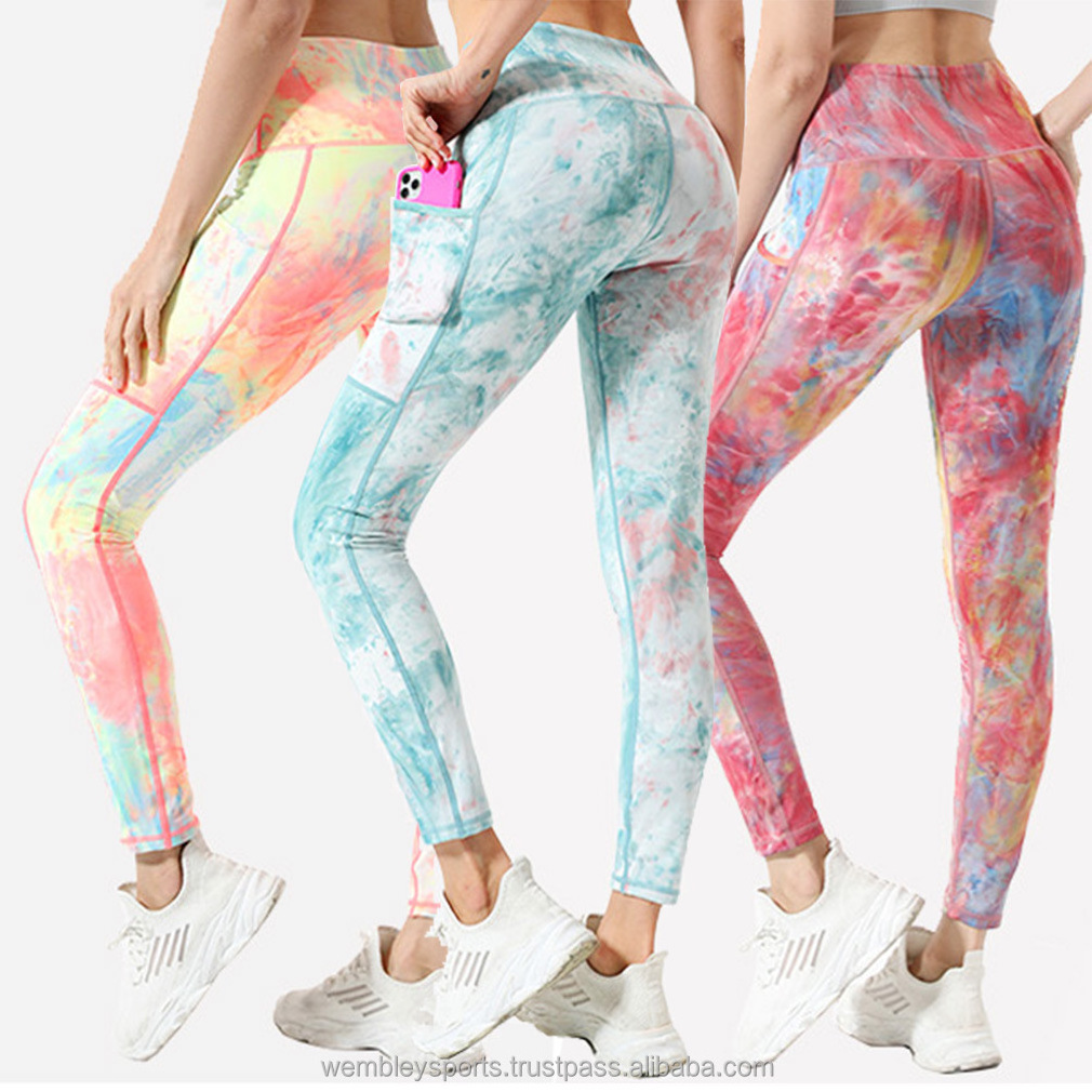 New Spring Women's High Waist Fitness Tie Dyed Hip Tight Pants Leggings Sport Women Skin Close Nude Pocket Yoga Pants