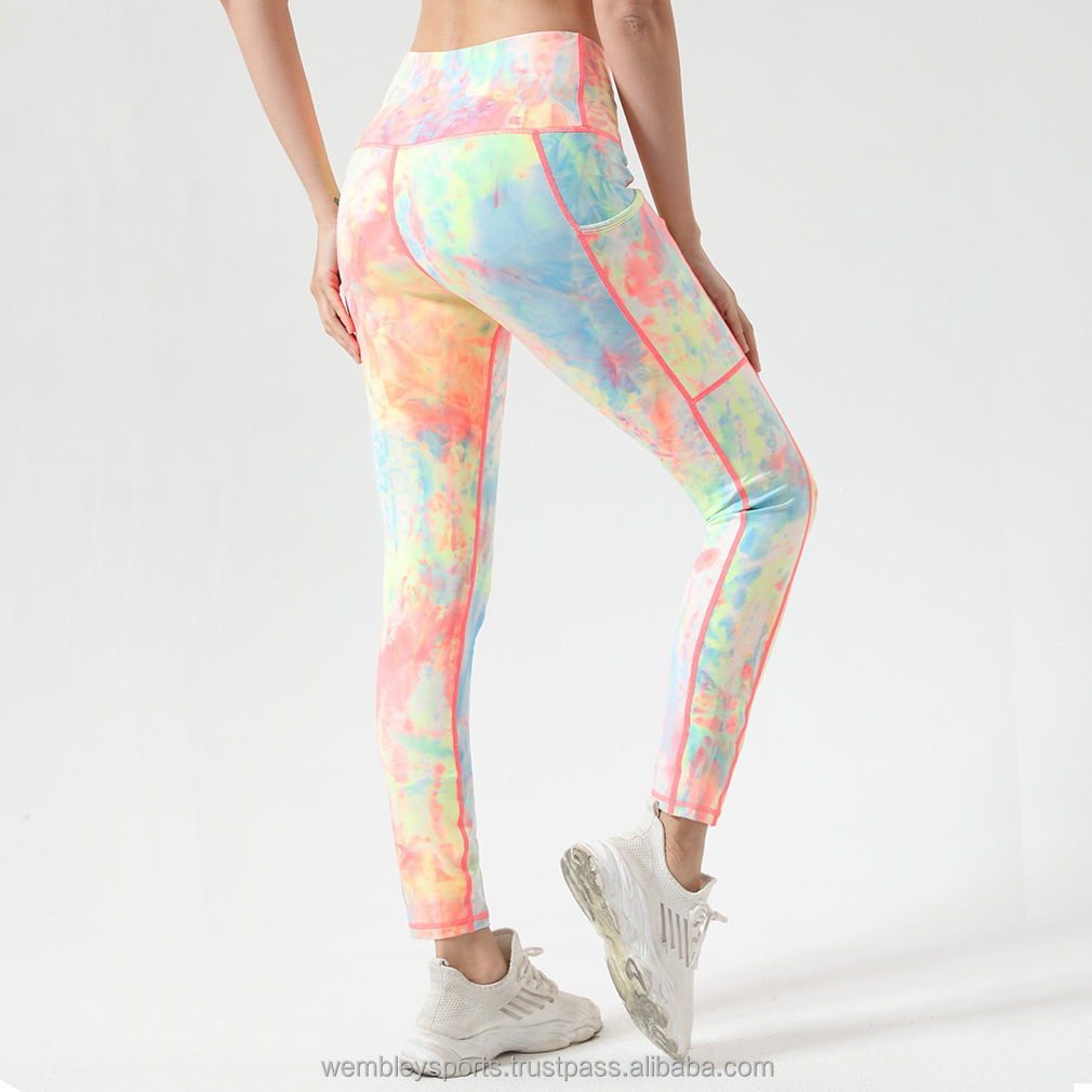 New Spring Women's High Waist Fitness Tie Dyed Hip Tight Pants Leggings Sport Women Skin Close Nude Pocket Yoga Pants