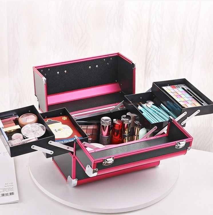 Aluminum Alloy  Makeup Train Case Cosmetic Box Portable Makeup Case Organizer 2 Trays Beauty Tattoo Nail Makeup Storage Case