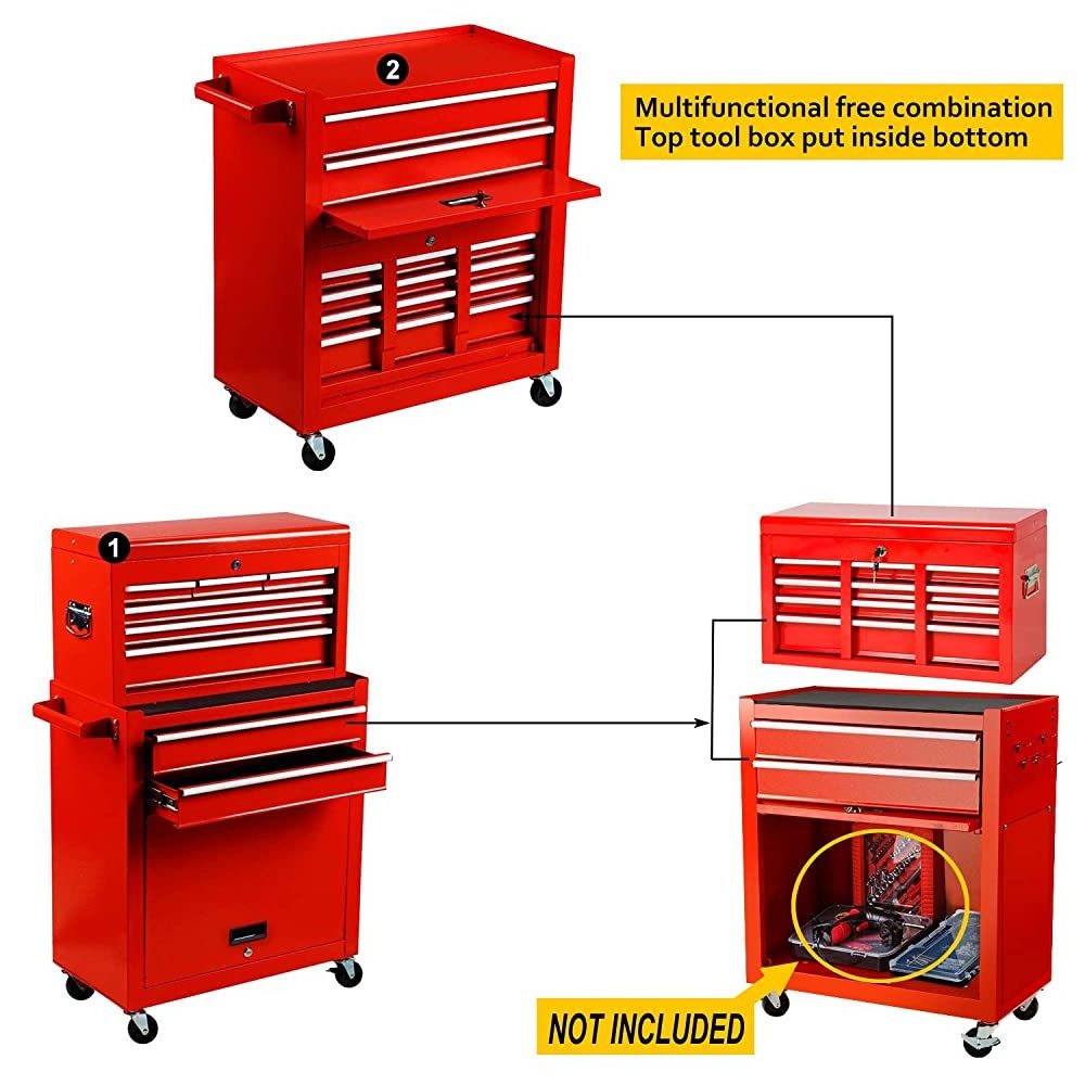 2Pcs Portable Top Chest Rolling Organizer Sliding Drawers Cabinet Keyed Locking System Tool Storage Box