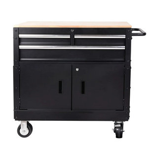 Black 36 inch Mobile Workbench with Tool Storage Cabinets/Metal Storage Cabinets for Garage Warehouse with Rubber wood Top