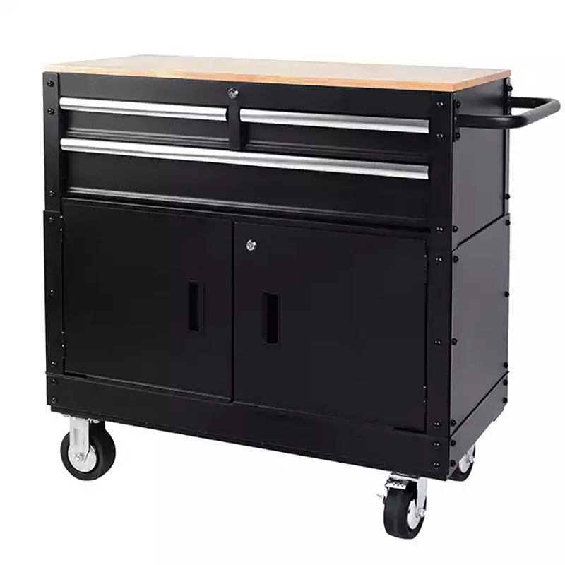 Black 36 inch Mobile Workbench with Tool Storage Cabinets/Metal Storage Cabinets for Garage Warehouse with Rubber wood Top