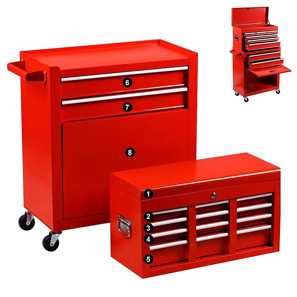 2Pcs Portable Top Chest Rolling Organizer Sliding Drawers Cabinet Keyed Locking System Tool Storage Box