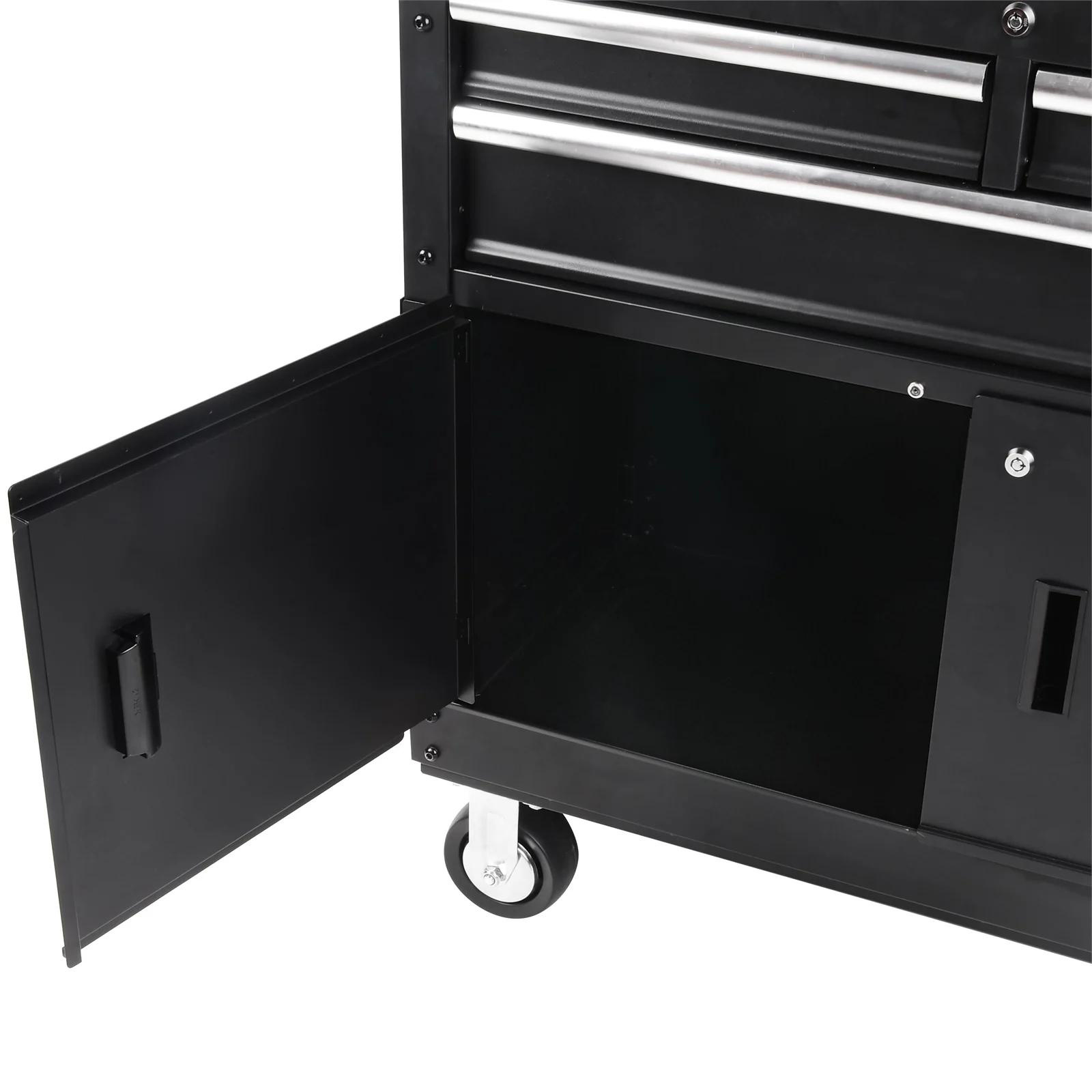 Black 36 inch Mobile Workbench with Tool Storage Cabinets/Metal Storage Cabinets for Garage Warehouse with Rubber wood Top