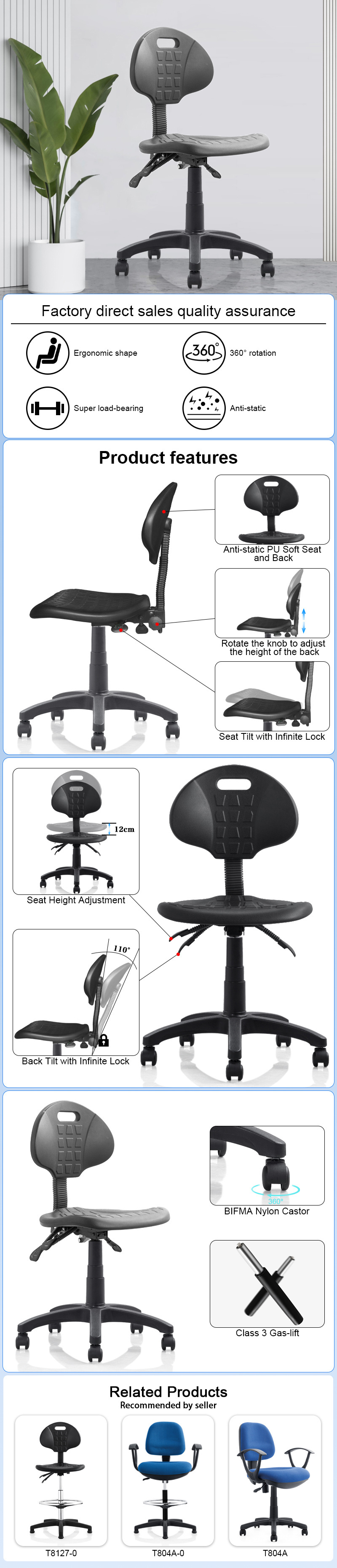 Anti Static Office Chair Adjustable Laboratory Swivel Pu Lab Chair Esd Cleanroom Chair