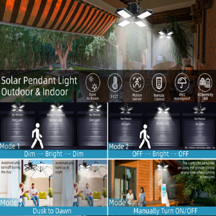 Solar shed lights foldable 4 Heads solar pendant light LED radar IP65 industrial mining courtyard lighting split pendant lamp